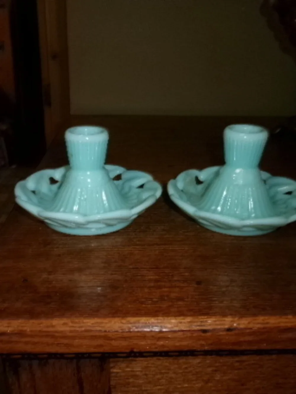 Fostoria Bestsy Ross Aqua blue milk glass pair of candleholders 1950s - Picture 2 of 5